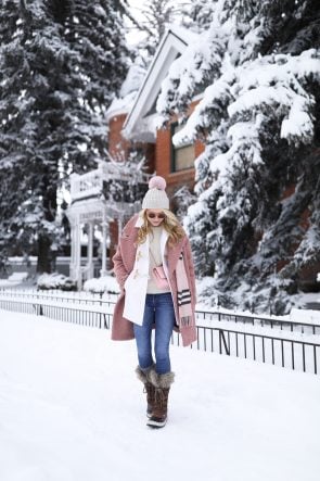 blair-eadie-atlantic-pacific-fashion-blog-aspen-outfit-denim-layering-fur-boots-pink-coat-cream-sweater