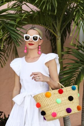 blair-eadie-white-celine-sunglasses-white-ruffle-dress-rainbow-pom-poms-shutz-shoes