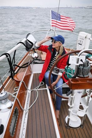 Atlantic-Pacific Blog // Blair Eadie stripes, red coat, sperrys