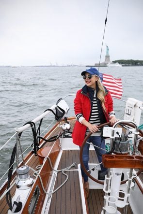 Atlantic-Pacific Blog // Blair Eadie stripes, red coat, sperrys