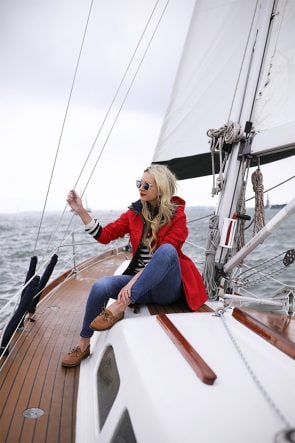 Atlantic-Pacific Blog // Blair Eadie stripes, red coat, sperrys