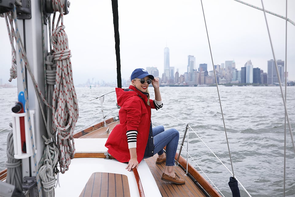 Atlantic-Pacific Blog // Blair Eadie stripes, red coat, sperrys