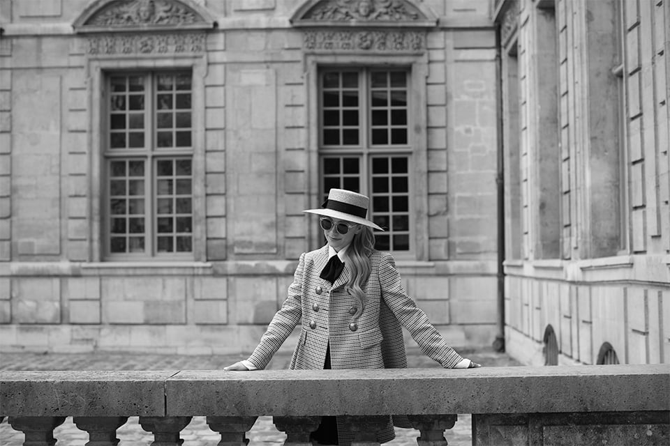 Atlantic Pacific Blog // Blair Eadie Alexander McQueen coat, bow blouse and Chanel flats in Paris