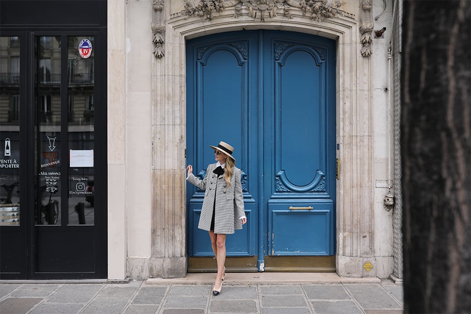 Atlantic Pacific Blog // Blair Eadie Alexander McQueen coat, bow blouse and Chanel flats in Paris