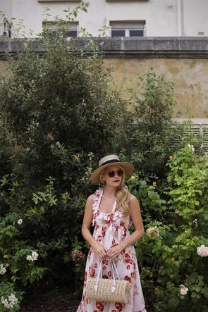 Atlantic-Pacific Blog // Blair Eadie Floral Jill Stuart Dress, straw hat, Pamela Munson Bag in Paris