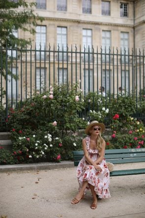 Atlantic-Pacific Blog // Blair Eadie Floral Jill Stuart Dress, straw hat, Pamela Munson Bag in Paris