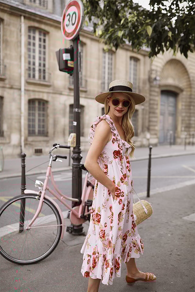 Atlantic-Pacific Blog // Blair Eadie Floral Jill Stuart Dress, straw hat, Pamela Munson Bag in Paris
