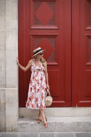 Atlantic-Pacific Blog // Blair Eadie Floral Jill Stuart Dress, straw hat, Pamela Munson Bag in Paris