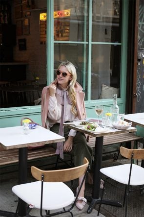 Atlantic Pacific // Velvet bow shoes, olive pants and blush coat