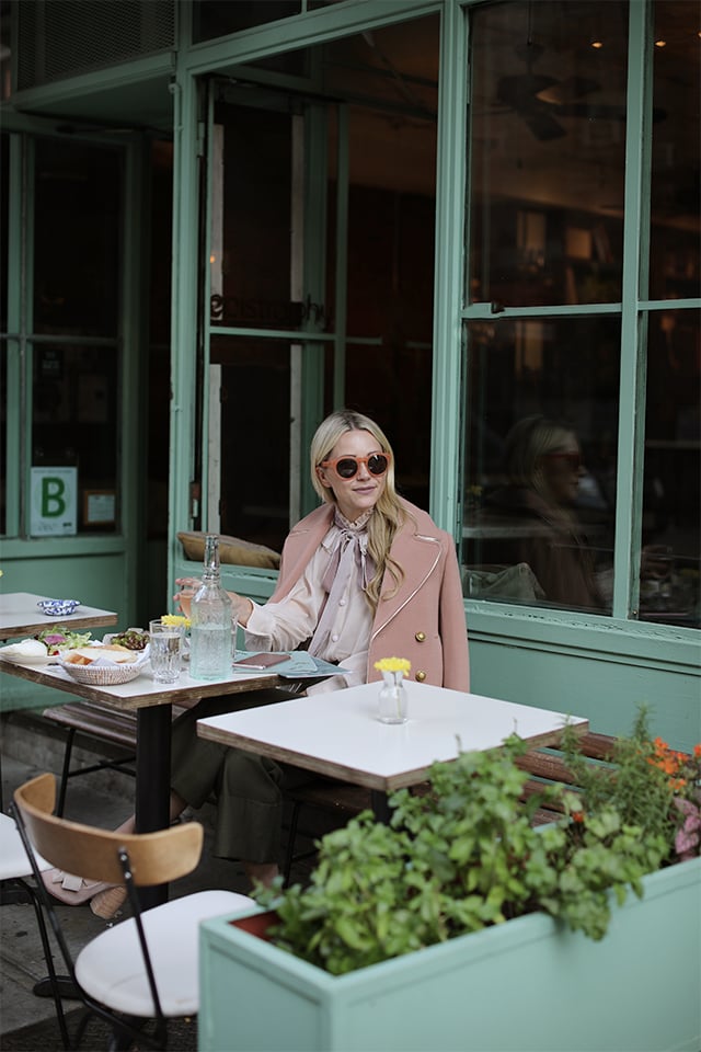 Atlantic Pacific // Velvet bow shoes, olive pants and blush coat