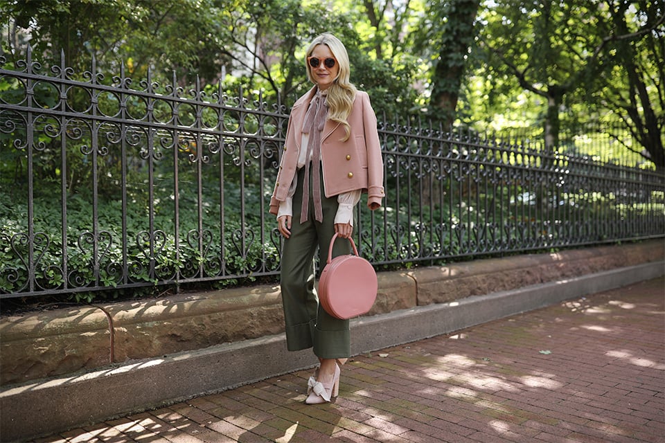 Atlantic Pacific // Velvet bow shoes, olive pants and blush coat