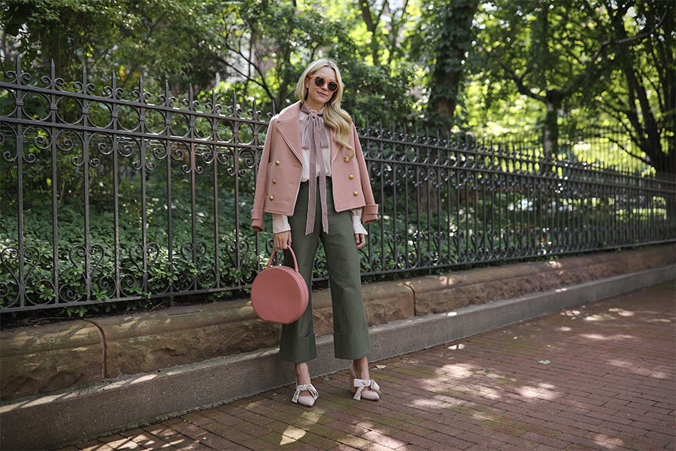 Atlantic Pacific // Velvet bow shoes, olive pants and blush coat