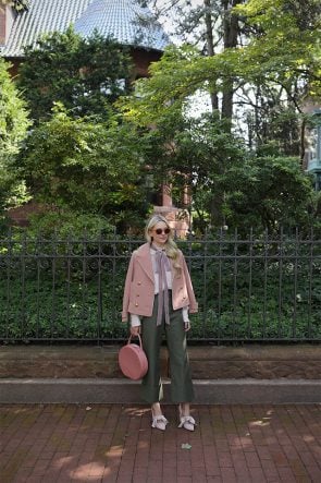 Atlantic Pacific // Velvet bow shoes, olive pants and blush coat