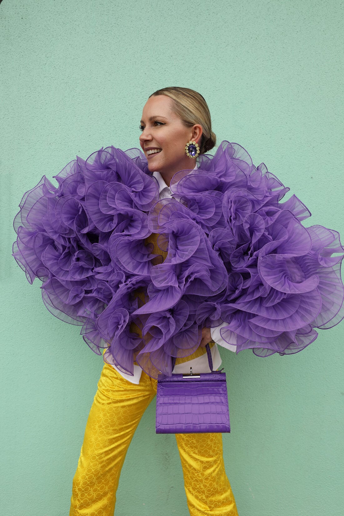 ninon earrings, purple and yellow outfit