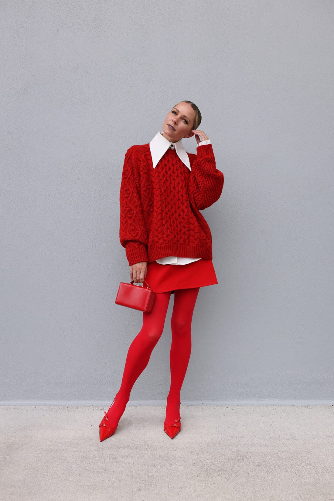 all red look, chunky knit sweater, chunky sweater look, chunky winter sweater