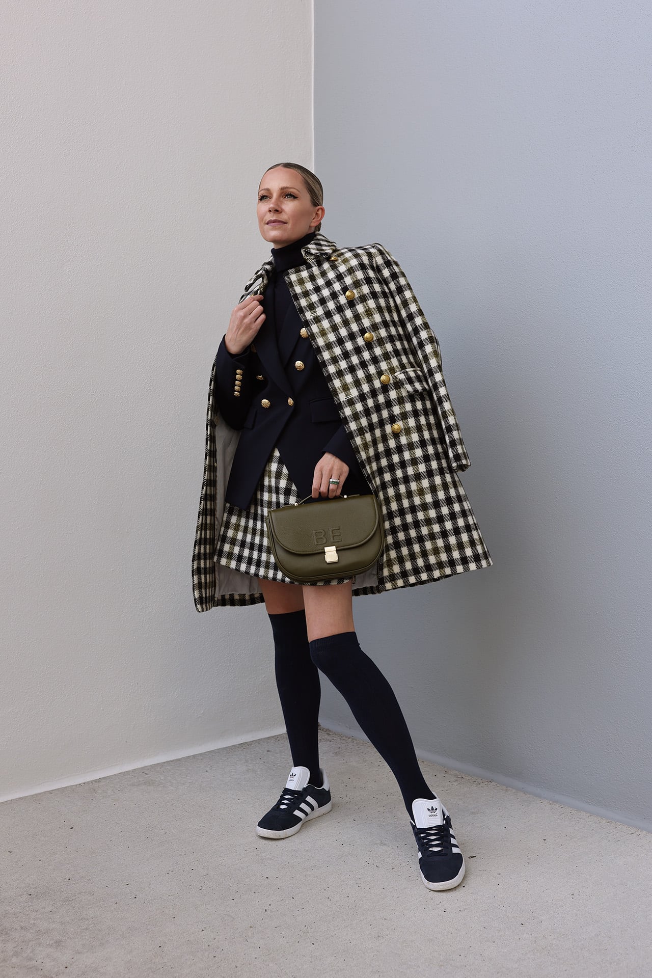 knee high socks, navy adidas gazelle sneakers