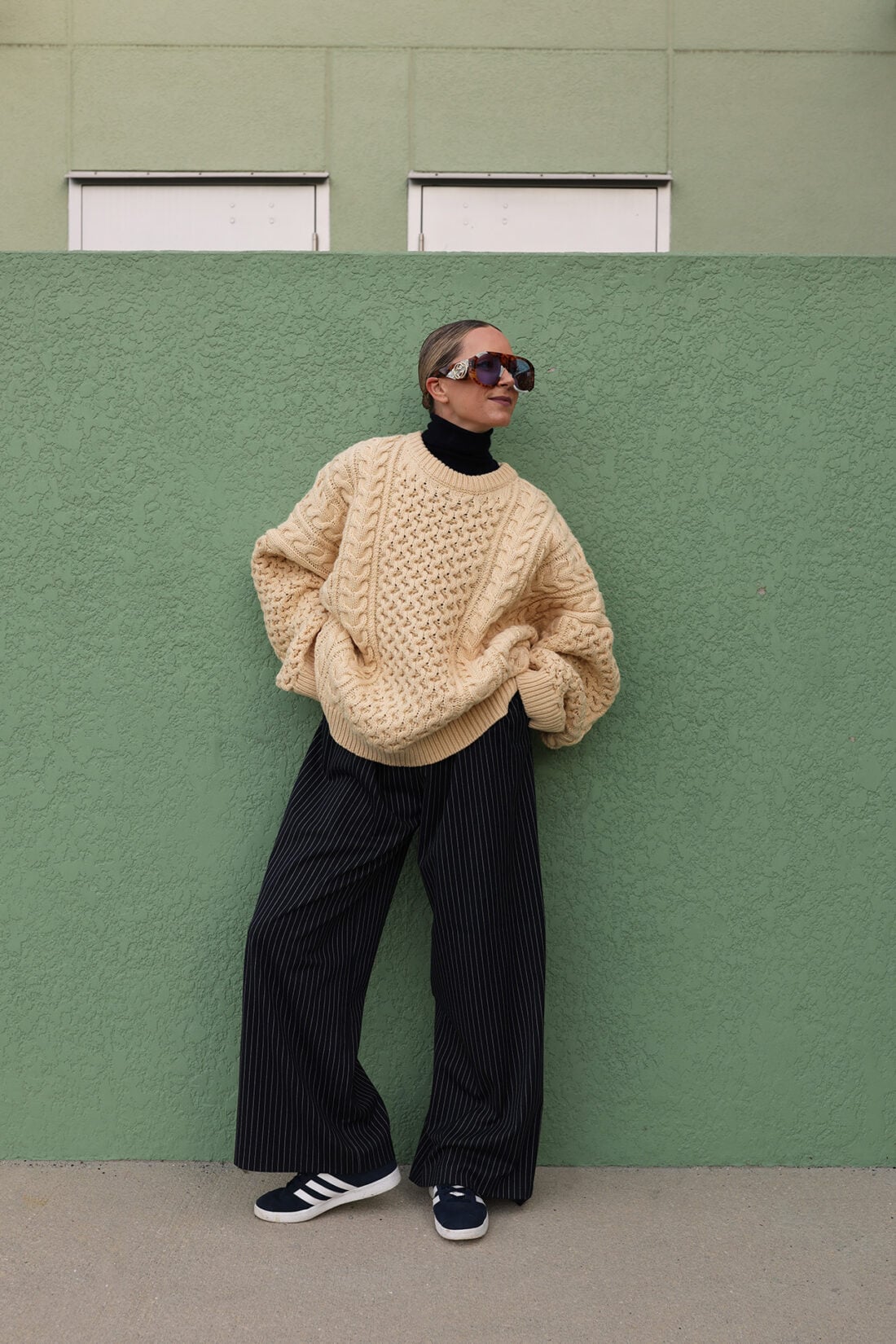 chunky sweater, adidas gazelle sneakers, wide leg pants 