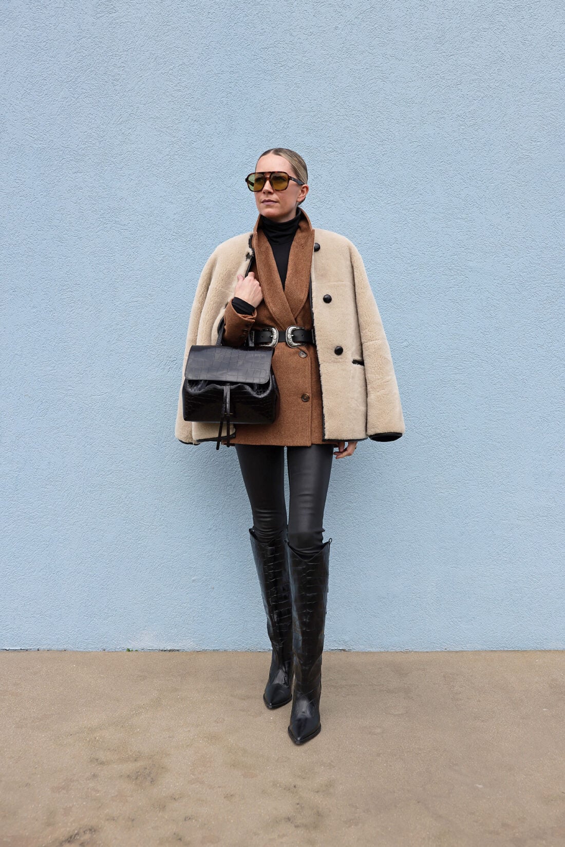 belted blazer, belt over blazer, knee high boots