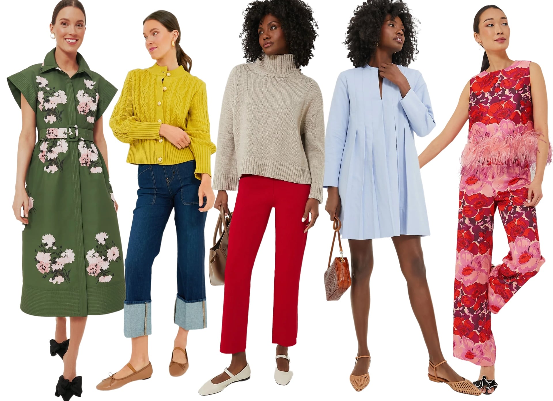 tuckernuck chloe dress in floral, chartreuse cable sweater, knit compression pant, pintucked blue dress, feather top