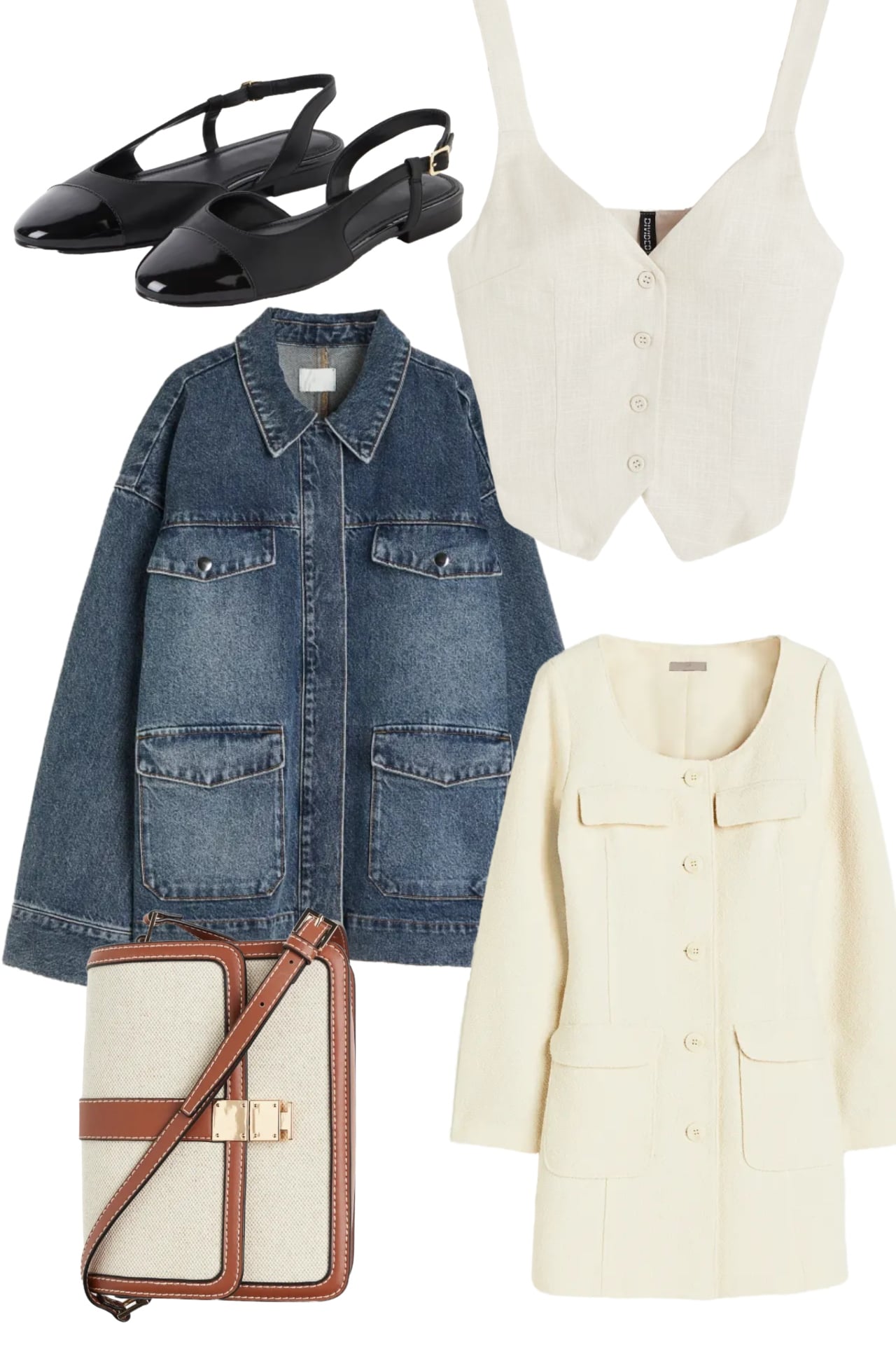 black cap toe sling backs, white button up vest, denim oversized utility jacket, canvas cross body bag, tweed button up dress