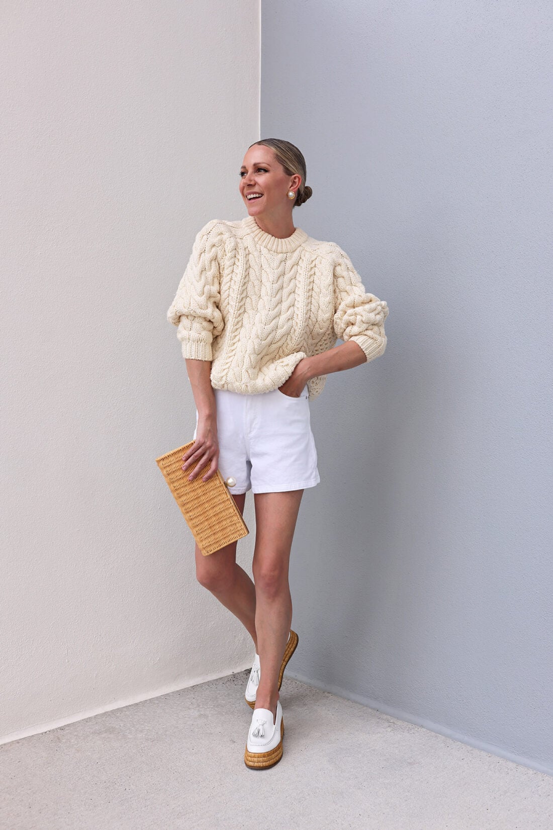white jean shorts, platform loafers, pearl earrings, classic look