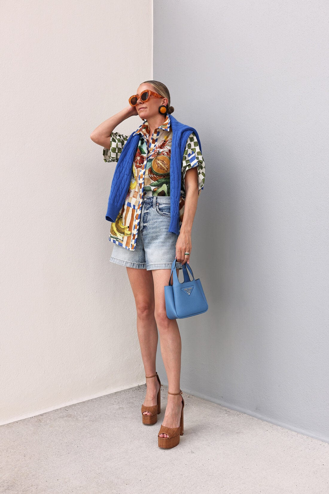 alemais printed top, kori platform sandal, pistola, vintage earrings