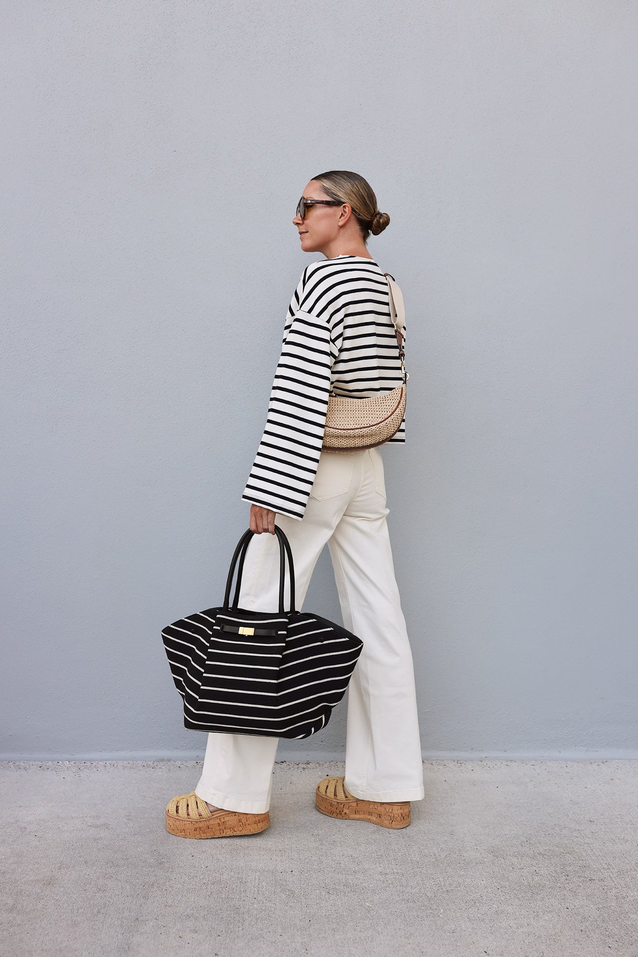 tnuck stripe top, raffia fisherman sandals, wide leg pant outfit