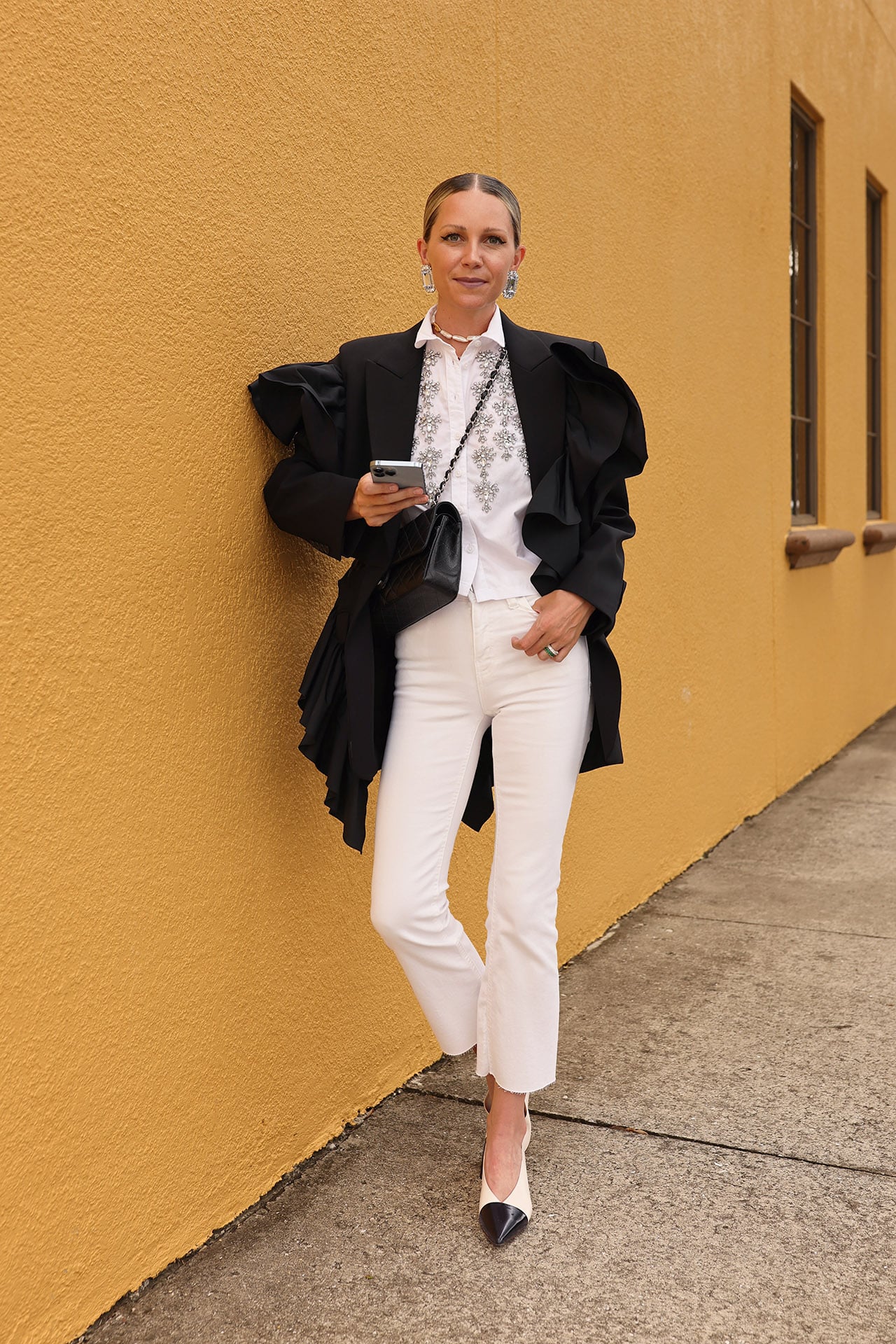 jcrew collection top, white denim, black and white look, alexander mcqueen blazer