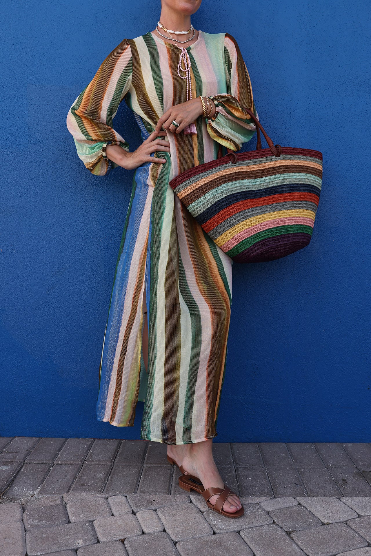 oliphant striped dress, striped raffia bag