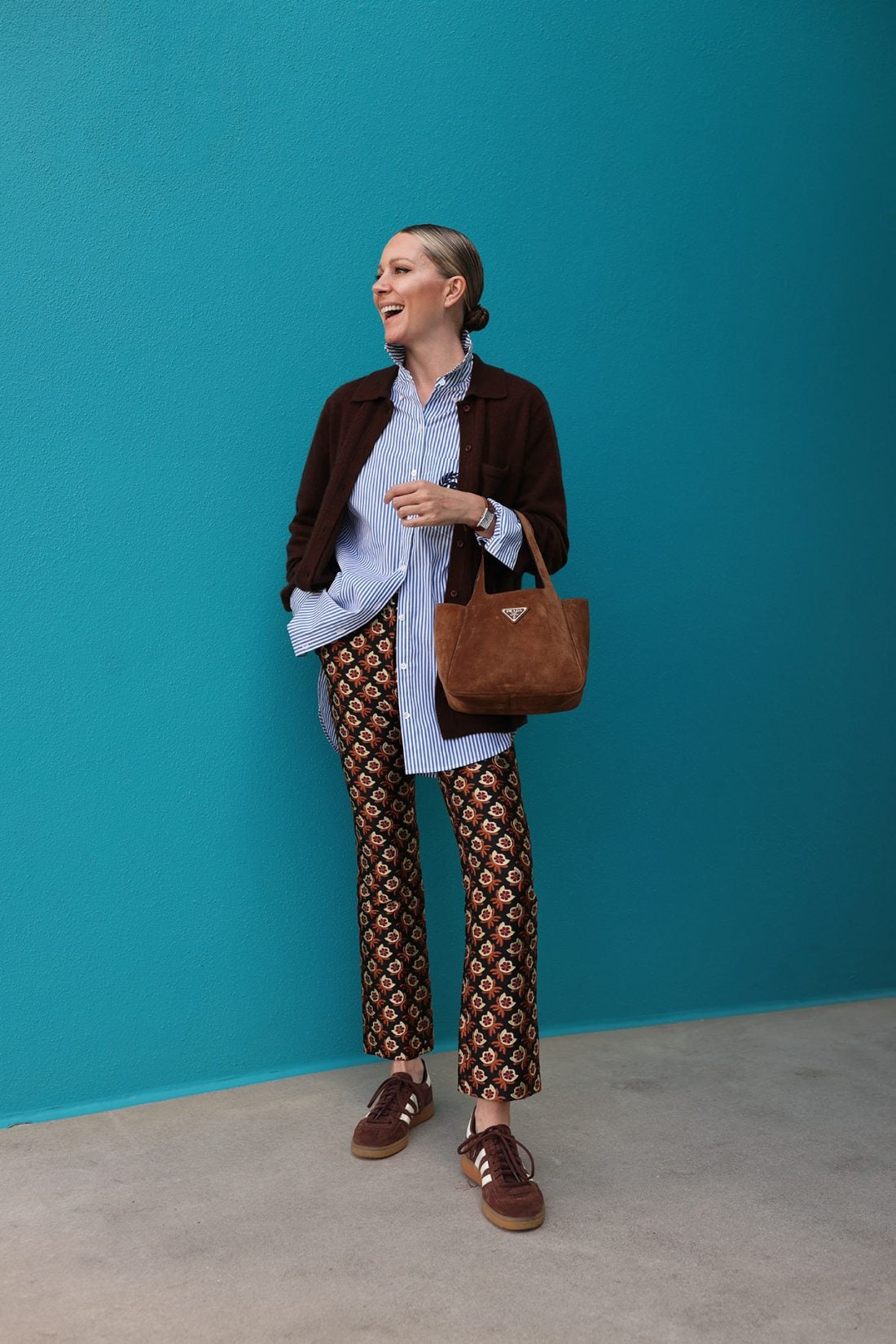 cardigan outfit of the day, collared cardigan, la double j pant, adidas outfit, prada suede tote