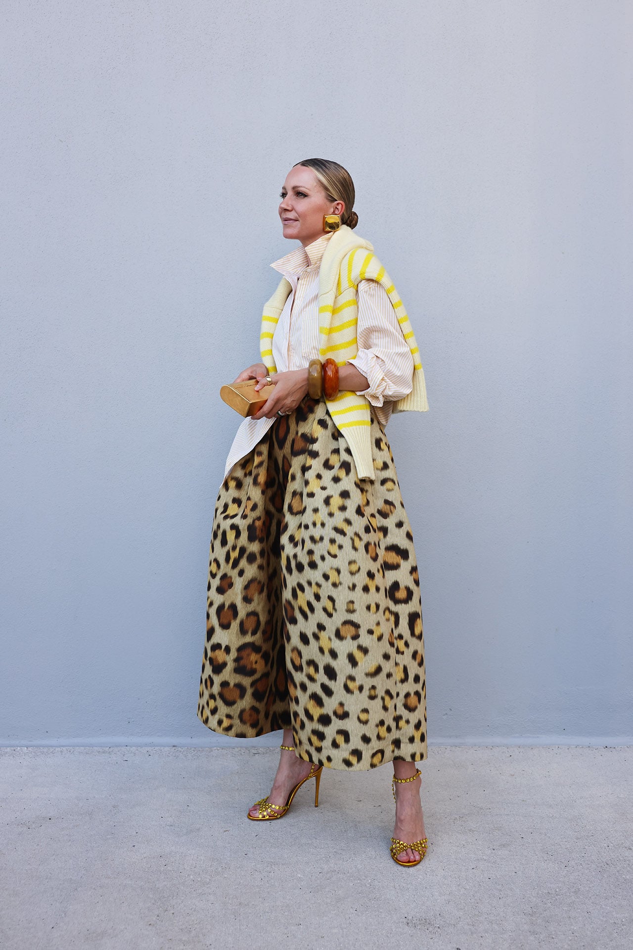 oscar de la renta skirt, yellow and white button down, aquazzura yellow shoes, midi skirt outfit