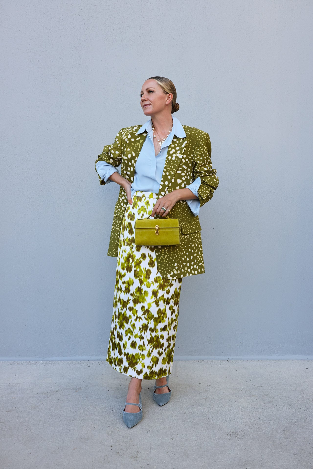 dries blazer, michael kors skirt, chartreuse outfit, business outfit ideas, pencil skirt
