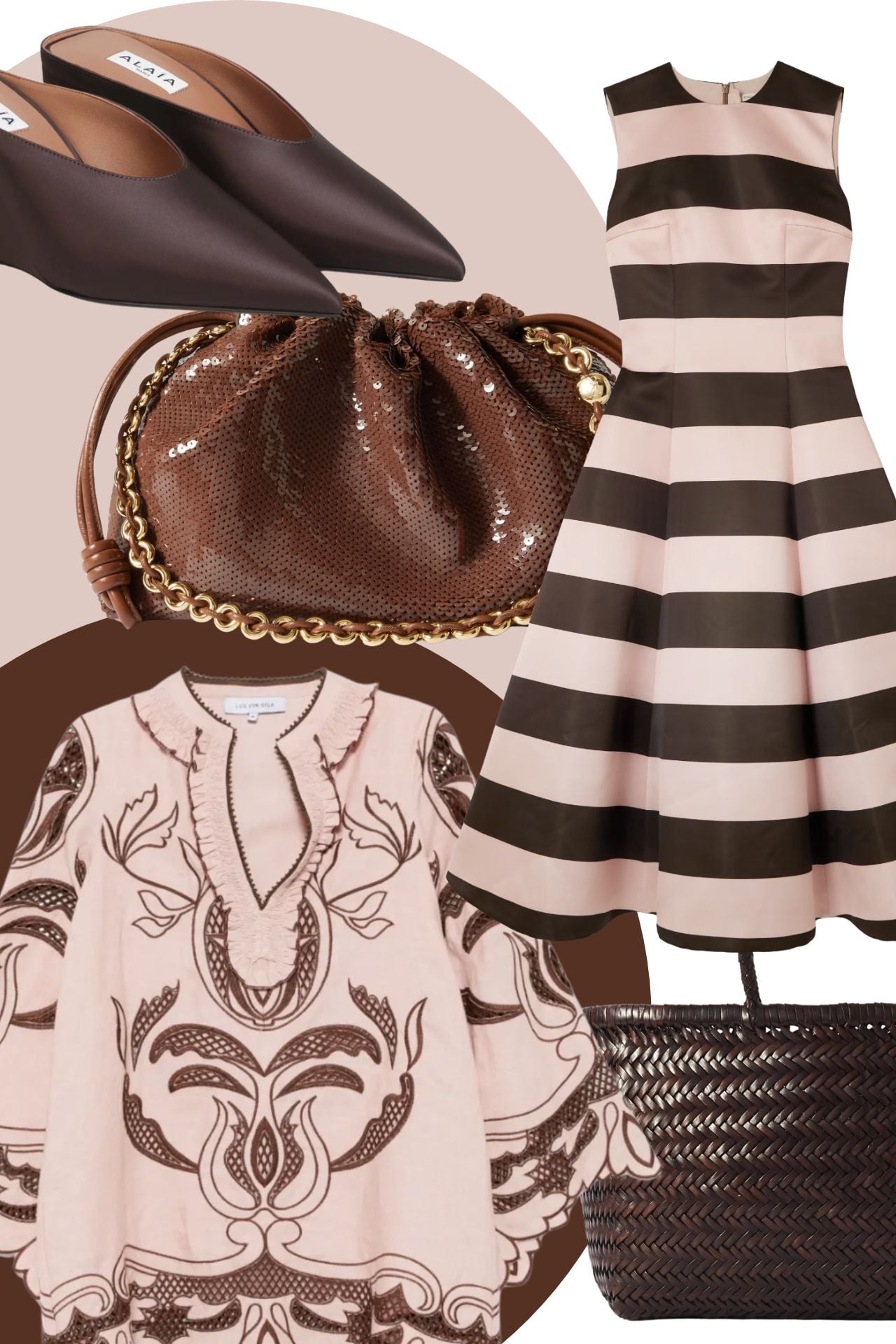 brown and pink color outfits, emilia wickstead striped dress, drangon diffusion woven bag, pink and brown embroidered tunic 