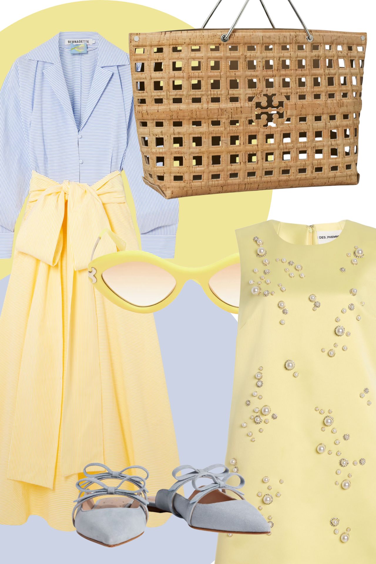 how to wear light blue and yellow, butter yellow trend, pastel colors for summer, tory burch ella tote, bernadette dress