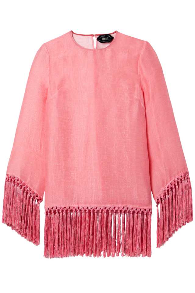 pink long sleeve fringe dress