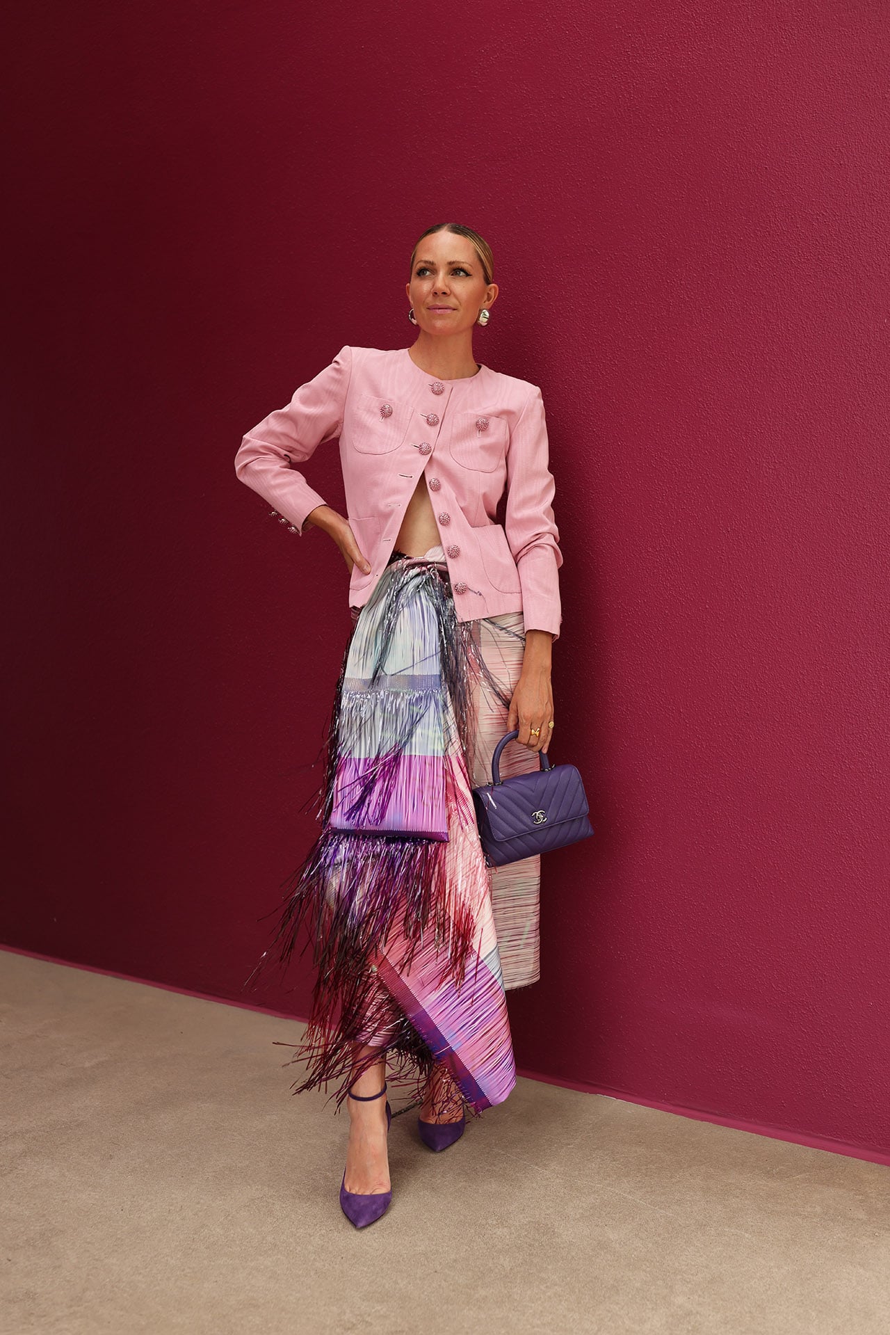 roksanda skirt, fringe skirt outfit, how to style pink and purple