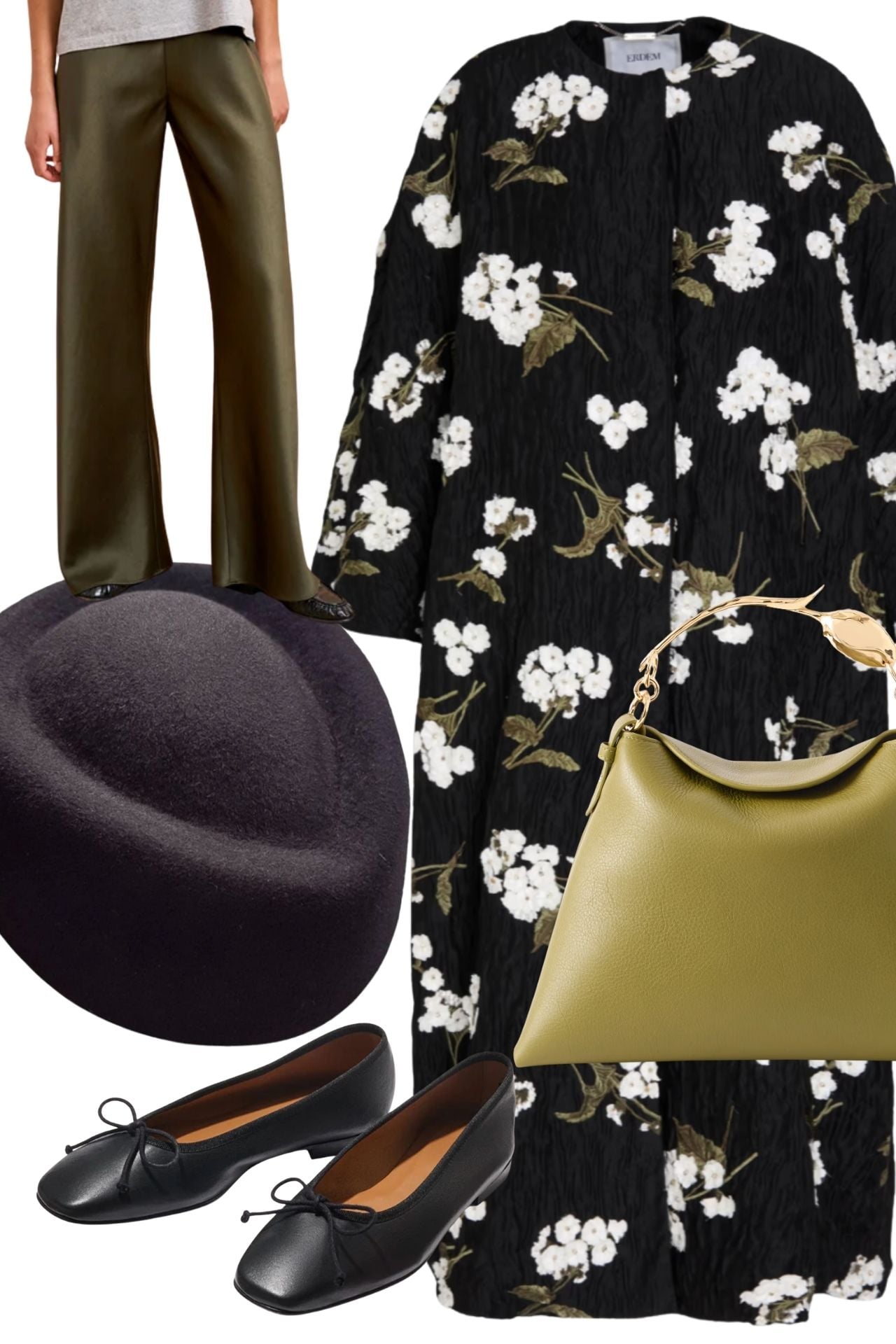 erdem floral coat, la ligne colby pant, styling olive and black, pillbox hat everyday outfit