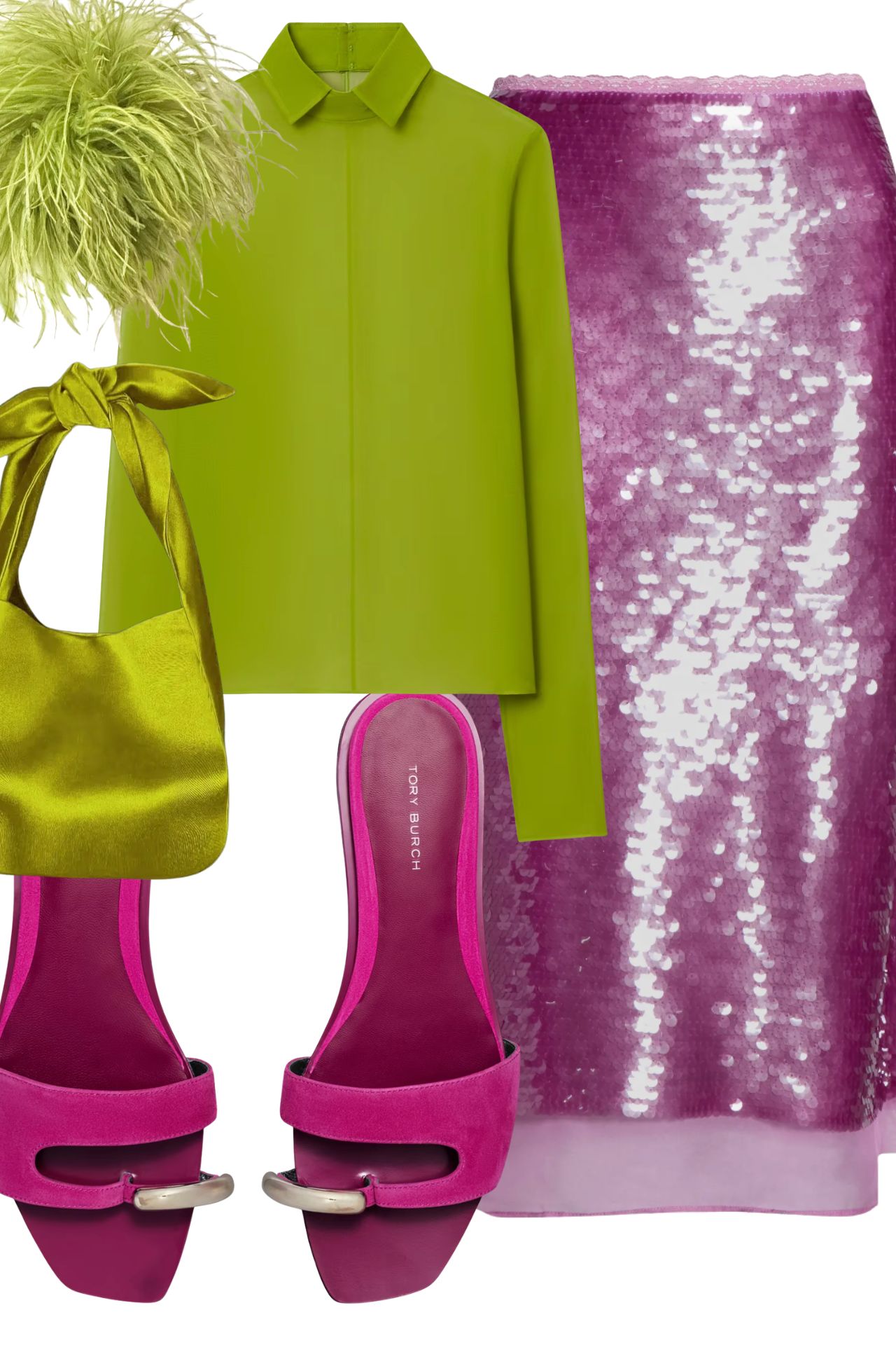tory burch sandals, chartreuse and pink colorblocking, sequin pencil skirt outfit, feather pin